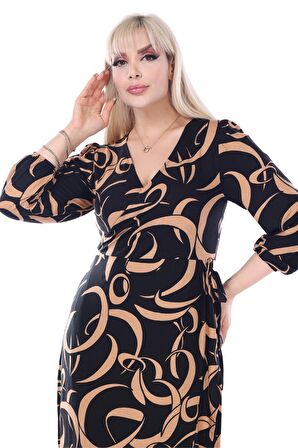 Melsay Butik Kruvaze Yaka Taba Dalga Desen Anvelop Midi Elbise