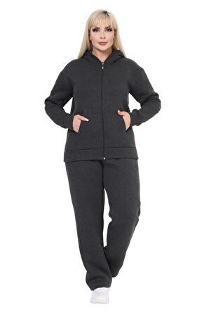 Melsay Butik Büyük Beden Antrasit Kapşonlu 3 İplik Fermuarlı Eşofman Takımı 