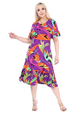 Melsay Butik Fırfırlı Kısa Kollu Mor Balık Desenli Kadın Cepli Midi Elbise