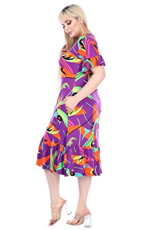 Melsay Butik Fırfırlı Kısa Kollu Mor Balık Desenli Kadın Cepli Midi Elbise