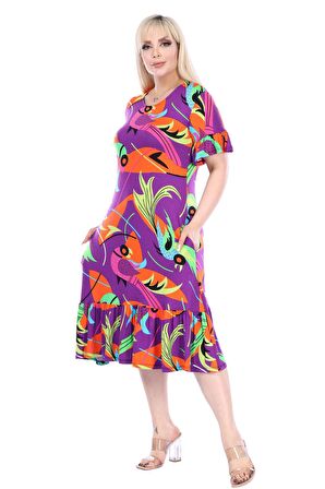 Melsay Butik Fırfırlı Kısa Kollu Mor Balık Desenli Kadın Cepli Midi Elbise