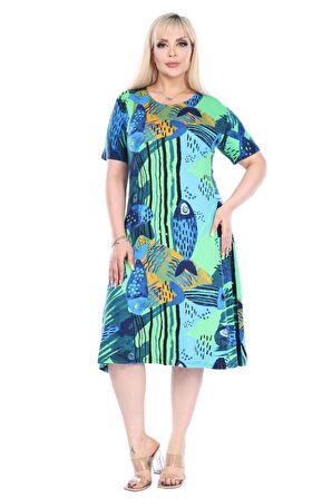 Melsay Butik Yeşil Balık Desen Kısa Kollu Büyük Beden Midi Elbise