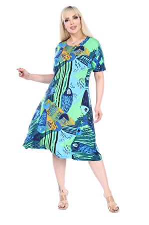 Melsay Butik Yeşil Balık Desen Kısa Kollu Büyük Beden Midi Elbise
