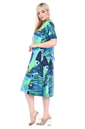 Melsay Butik Yeşil Balık Desen Kısa Kollu Büyük Beden Midi Elbise