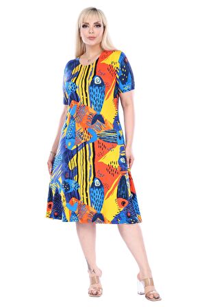 Melsay Butik Sarı Balık Desen Kısa Kollu Büyük Beden Midi Elbise
