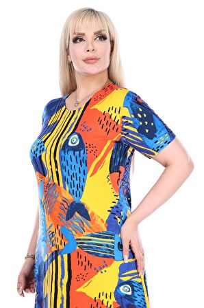 Melsay Butik Sarı Balık Desen Kısa Kollu Büyük Beden Midi Elbise
