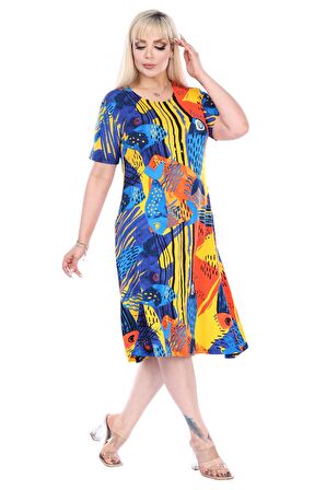 Melsay Butik Sarı Balık Desen Kısa Kollu Büyük Beden Midi Elbise