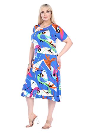 Melsay Butik Mavi Balık Desen Kısa Kollu Büyük Beden Midi Elbise