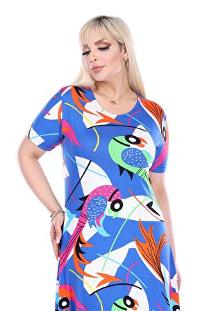 Melsay Butik Mavi Balık Desen Kısa Kollu Büyük Beden Midi Elbise