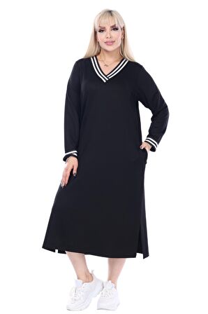 Melsay Butik Siyah Yakası Şeritli V Yaka Sweat Büyük Beden Elbise