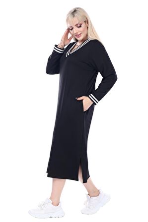 Melsay Butik Siyah Yakası Şeritli V Yaka Sweat Büyük Beden Elbise