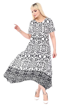 Melsay Butik Siyah Beyaz Kilim Desen Asimetrik Kısa Kollu Elbise