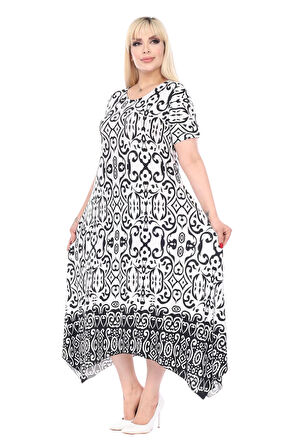 Melsay Butik Siyah Beyaz Kilim Desen Asimetrik Kısa Kollu Elbise
