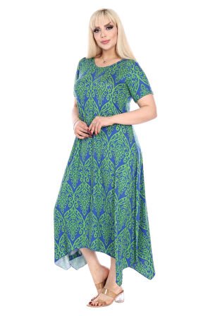 Melsay Butik Yeşil Dantel Desen Asimetrik Kısa Kollu Elbise