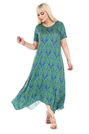 Melsay Butik Yeşil Dantel Desen Asimetrik Kısa Kollu Elbise