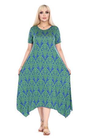 Melsay Butik Yeşil Dantel Desen Asimetrik Kısa Kollu Elbise