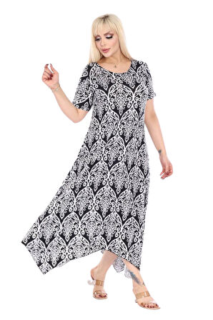 Melsay Butik Beyaz Dantel Desen Asimetrik Kısa Kollu Elbise