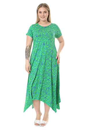 Melsay Butik Yeşil Çiçek Desen Asimetrik Kısa Kollu Elbise