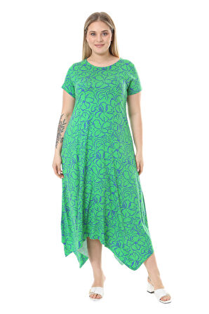 Melsay Butik Yeşil Çiçek Desen Asimetrik Kısa Kollu Elbise