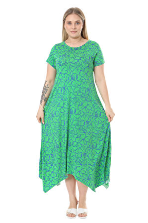 Melsay Butik Yeşil Çiçek Desen Asimetrik Kısa Kollu Elbise