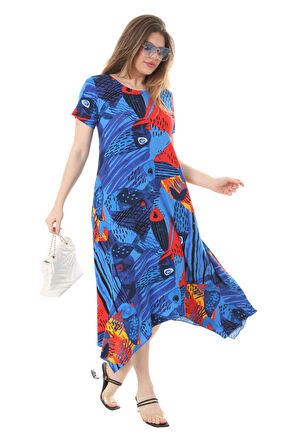 Melsay Butik Sax Balık Desen Asimetrik Kısa Kollu Elbise