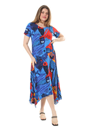 Melsay Butik Sax Balık Desen Asimetrik Kısa Kollu Elbise