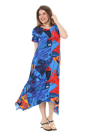 Melsay Butik Sax Balık Desen Asimetrik Kısa Kollu Elbise