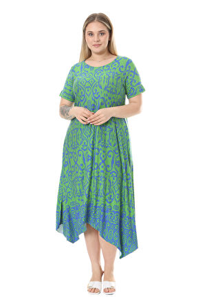 Melsay Butik Yeşil Mavi Kilim Desen Asimetrik Kısa Kollu Elbise