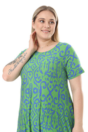 Melsay Butik Yeşil Mavi Kilim Desen Asimetrik Kısa Kollu Elbise