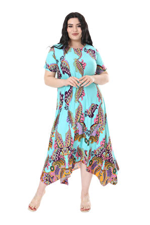Melsay Butik Turkuaz Renkli Şal Desen Asimetrik Kısa Kollu Elbise