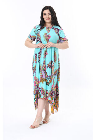 Melsay Butik Turkuaz Renkli Şal Desen Asimetrik Kısa Kollu Elbise