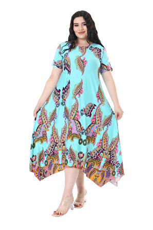 Melsay Butik Turkuaz Renkli Şal Desen Asimetrik Kısa Kollu Elbise