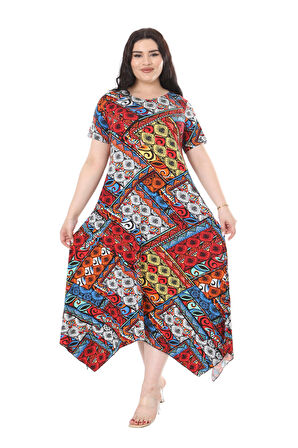 Melsay Butik Mavi Patchwork Desen Asimetrik Kısa Kollu Elbise