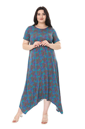 Melsay Butik Mavi Kırmızı Mercan Desen Asimetrik Kısa Kollu Elbise