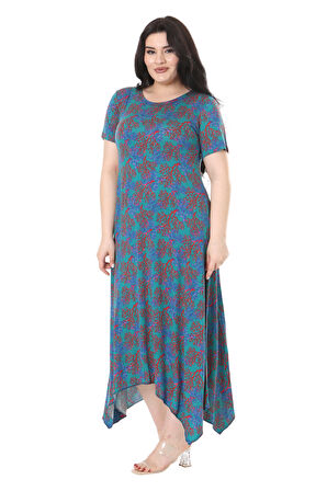 Melsay Butik Mavi Kırmızı Mercan Desen Asimetrik Kısa Kollu Elbise