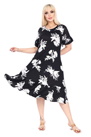 Melsay Butik Fırfırlı Kısa Kollu Siyah Beyaz Yaprak Desenli Cepli Elbise