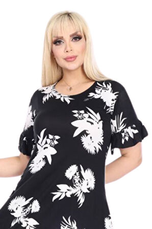 Melsay Butik Fırfırlı Kısa Kollu Siyah Beyaz Yaprak Desenli Cepli Elbise