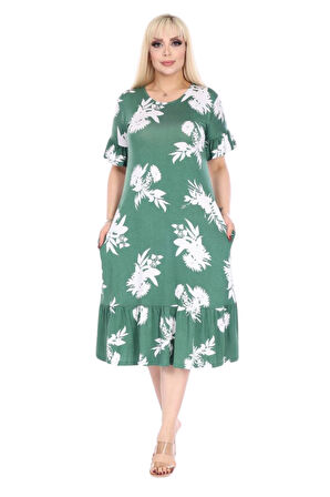 Melsay Butik Fırfırlı Kısa Kollu Yeşil Beyaz Yaprak Desenli Cepli Elbise