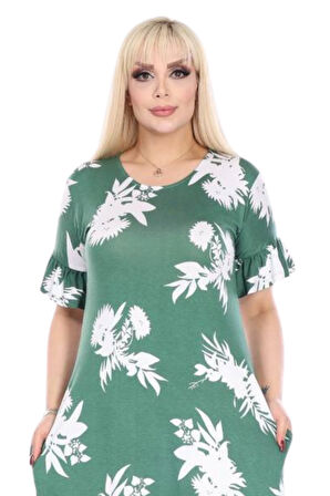 Melsay Butik Fırfırlı Kısa Kollu Yeşil Beyaz Yaprak Desenli Cepli Elbise