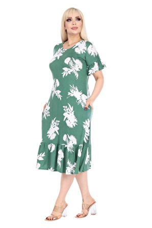 Melsay Butik Fırfırlı Kısa Kollu Yeşil Beyaz Yaprak Desenli Cepli Elbise