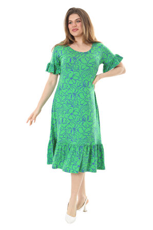 Melsay Butik Fırfırlı Kısa Kollu Yeşil Çiçek Desenli Cepli Elbise
