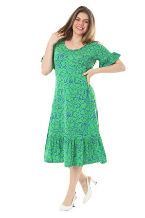 Melsay Butik Fırfırlı Kısa Kollu Yeşil Çiçek Desenli Cepli Elbise