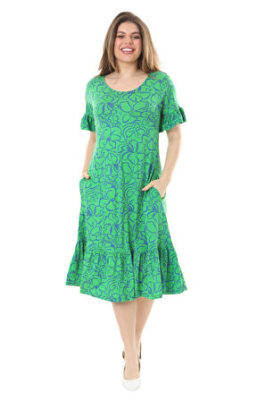 Melsay Butik Fırfırlı Kısa Kollu Yeşil Çiçek Desenli Cepli Elbise