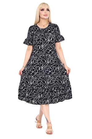 Melsay Butik Fırfırlı Kısa Kollu Siyah Çiçek Desenli Cepli Elbise