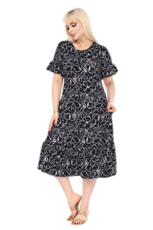 Melsay Butik Fırfırlı Kısa Kollu Siyah Çiçek Desenli Cepli Elbise