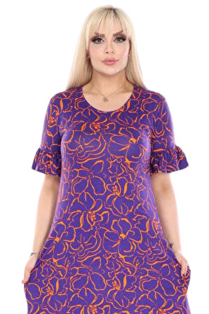 Melsay Butik Fırfırlı Kısa Kollu Mor Çiçek Desenli Cepli Elbise