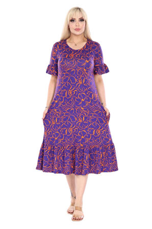 Melsay Butik Fırfırlı Kısa Kollu Mor Çiçek Desenli Cepli Elbise