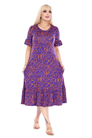 Melsay Butik Fırfırlı Kısa Kollu Mor Çiçek Desenli Cepli Elbise