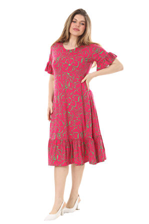 Melsay Butik Fırfırlı Kısa Kollu Pembe Çiçek Desenli Cepli Elbise