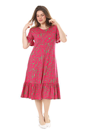 Melsay Butik Fırfırlı Kısa Kollu Pembe Çiçek Desenli Cepli Elbise